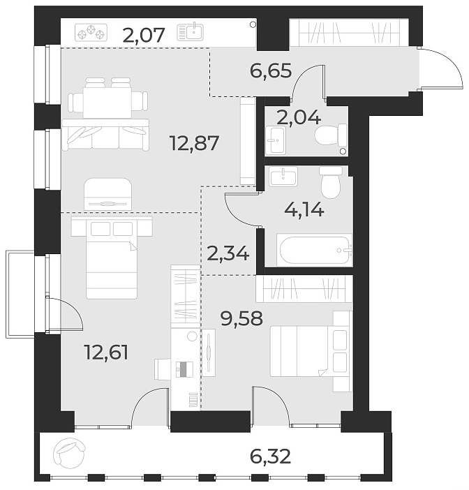 Планировка — Русское солнце, 3-комн., 52 м²