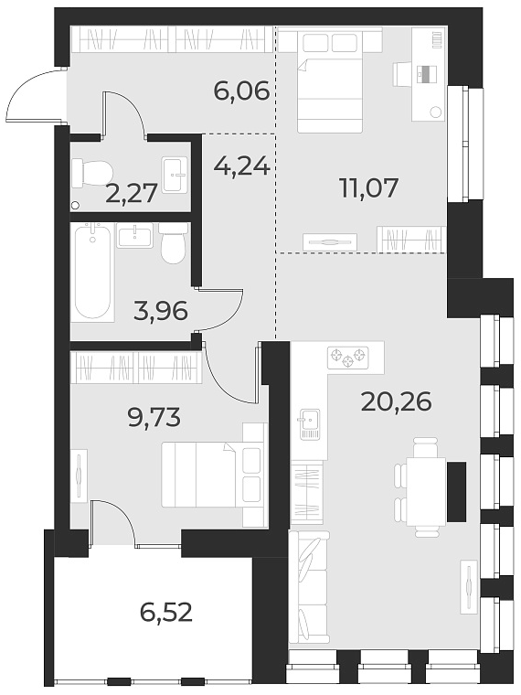 Планировка — Русское солнце, 2-комн., 58 м²