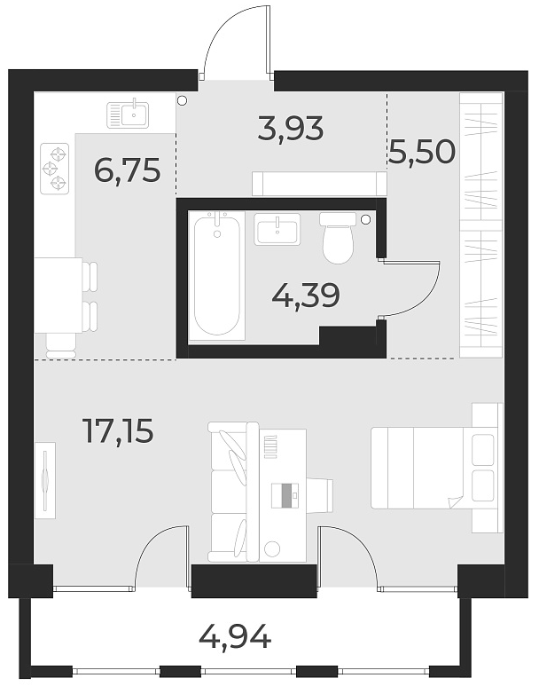Планировка — Русское солнце, Студия, 38 м²