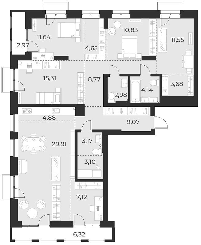 Планировка — Русское солнце, 5-комн., 131 м²