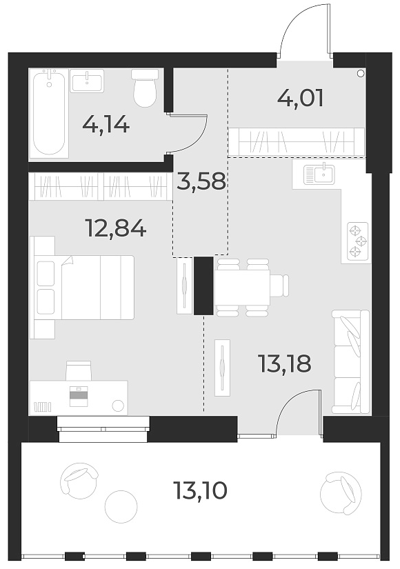 Планировка — Русское солнце, 1-комн., 38 м²