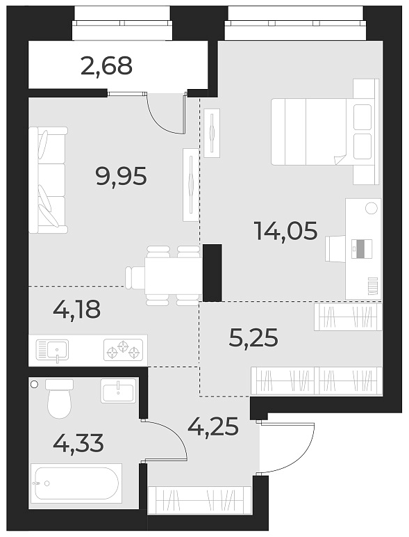 Планировка — Русское солнце, 2-комн., 42 м²