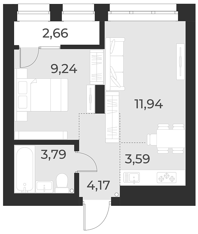 Планировка — Русское солнце, 2-комн., 33 м²