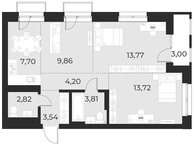 Планировка — Русское солнце, 3-комн., 59 м²