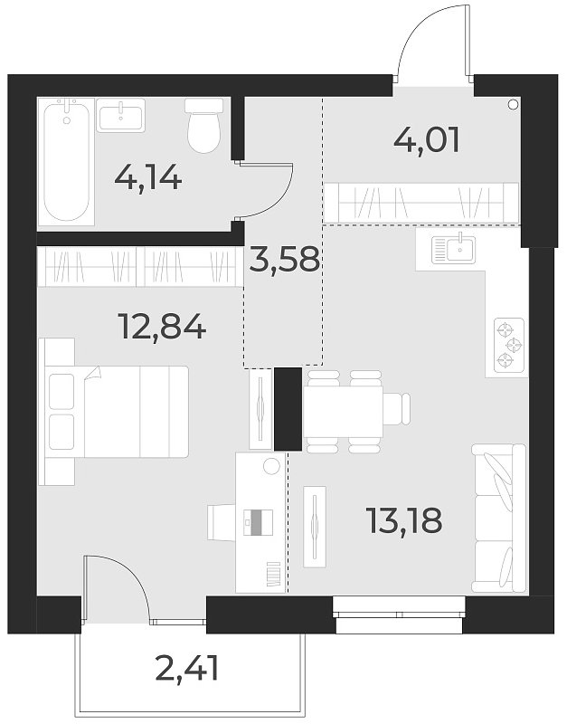 Планировка — Русское солнце, 1-комн., 38 м²