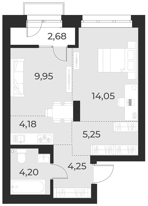 Планировка — Русское солнце, 2-комн., 42 м²