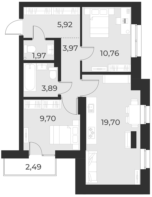 Планировка — Русское солнце, 2-комн., 56 м²