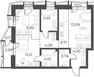 Планировка — Русское солнце, 3-комн., 61 м²