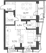 Планировка — Русское солнце, 3-комн., 52 м²