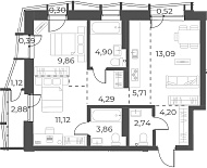 Планировка — Русское солнце, 3-комн., 60 м²