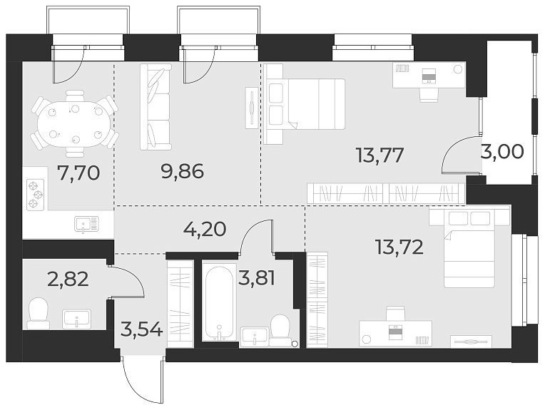 Планировка — Русское солнце, 3-комн., 59 м²