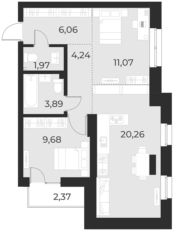 Планировка — Русское солнце, 2-комн., 57 м²