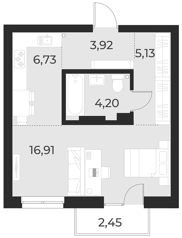 Планировка — Русское солнце, Студия, 37 м²