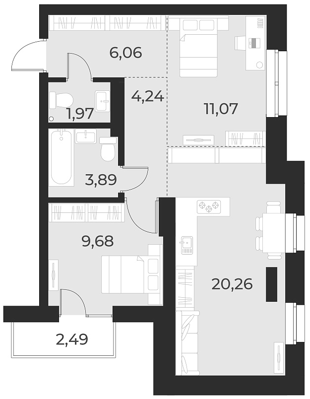 Планировка — Русское солнце, 2-комн., 57 м²