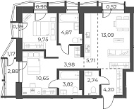 Планировка — Русское солнце, 3-комн., 59 м²