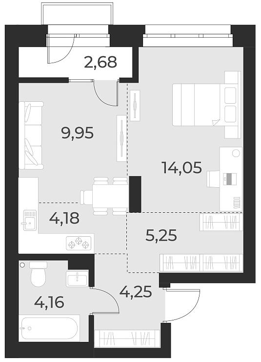 Планировка — Русское солнце, 2-комн., 42 м²