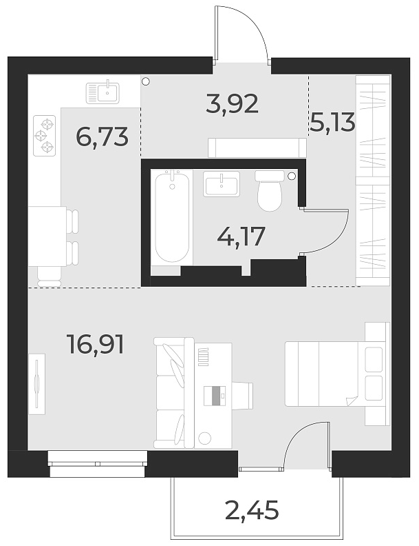 Планировка — Русское солнце, Студия, 37 м²