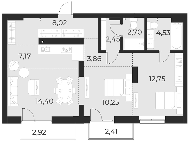 Планировка — Русское солнце, 3-комн., 66 м²