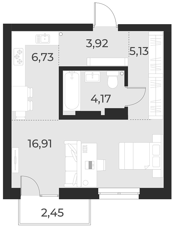 Планировка — Русское солнце, Студия, 37 м²