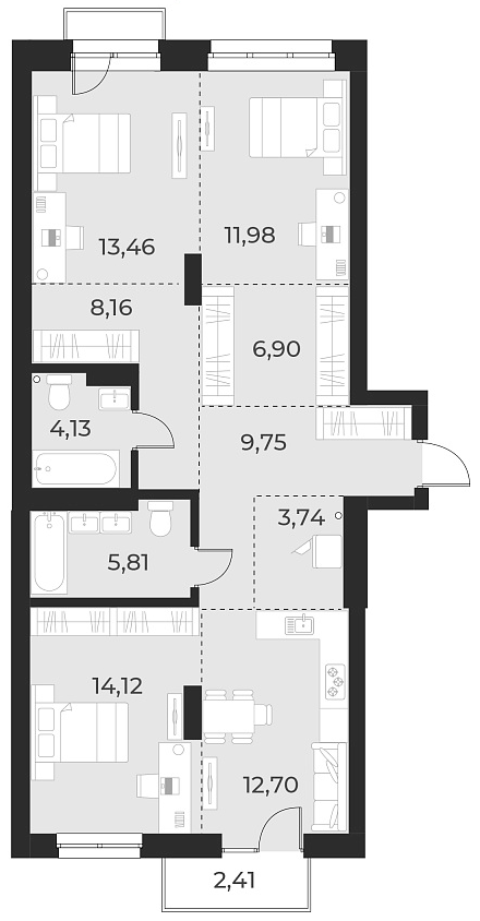 Планировка — Русское солнце, 3-комн., 91 м²