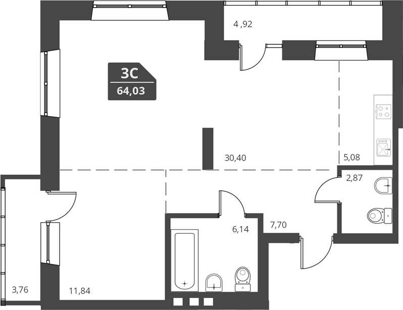 Планировка — For Stars, 1-комн., 64 м²