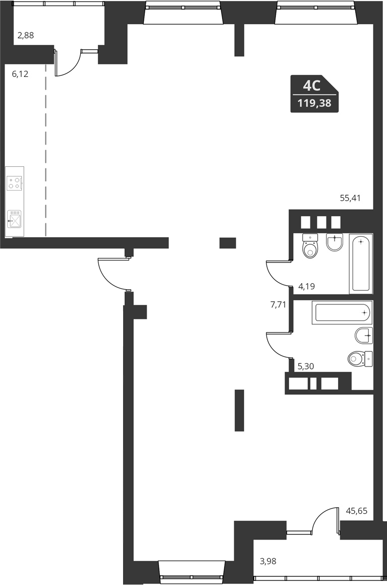 Планировка — For Stars, 1-комн., 123 м²