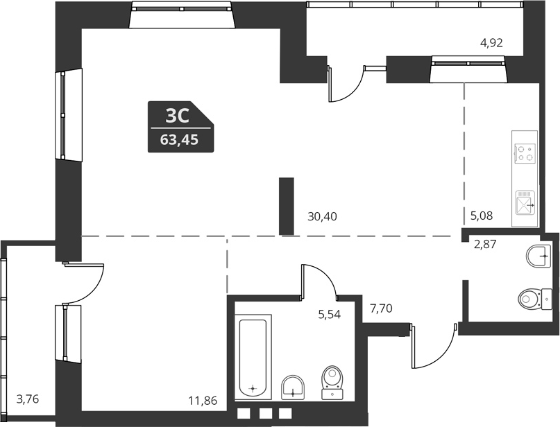 Планировка — For Stars, 1-комн., 63 м²