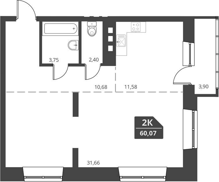 Планировка — For Stars, 1-комн., 60 м²