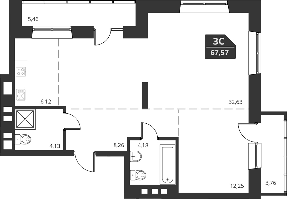 Планировка — For Stars, 1-комн., 68 м²