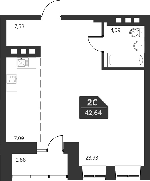 Планировка — For Stars, 1-комн., 43 м²