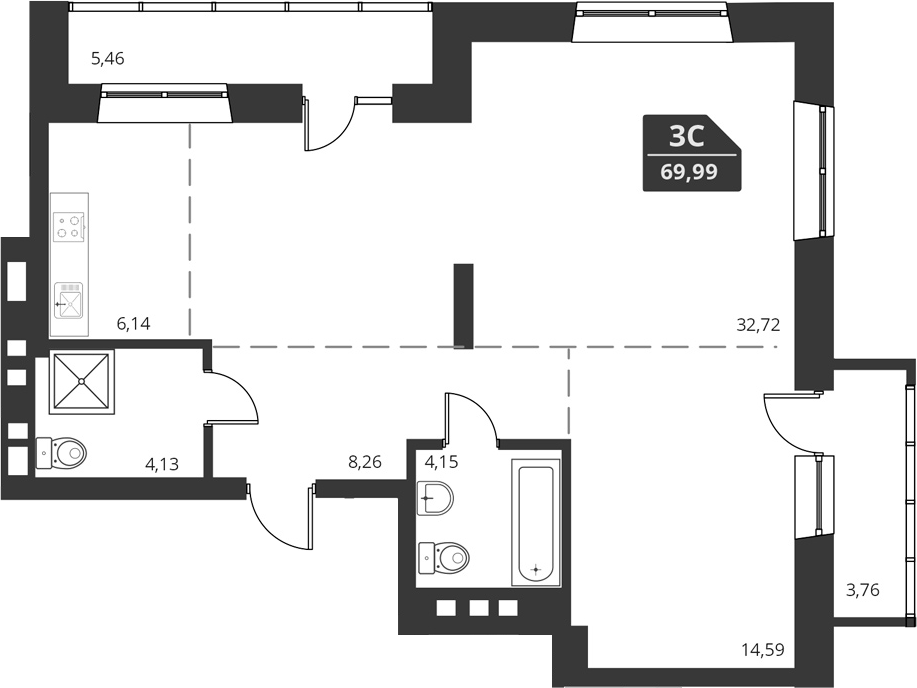 Планировка — For Stars, 1-комн., 70 м²