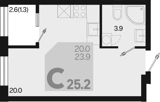 Планировка — Первое место, Студия, 24 м²