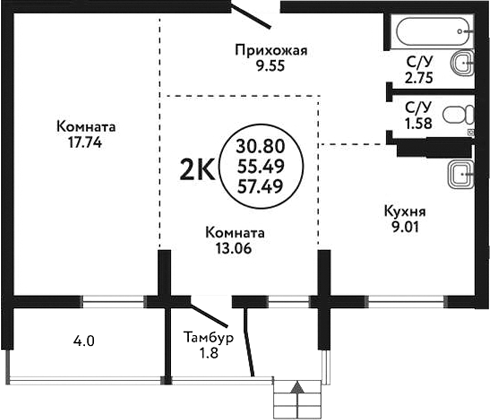 Планировка — Экополис, 2-комн., 54 м²