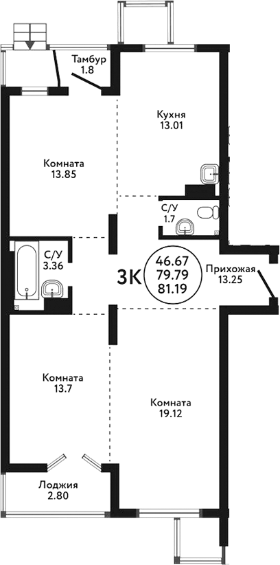 Планировка — Экополис, 3-комн., 82 м²