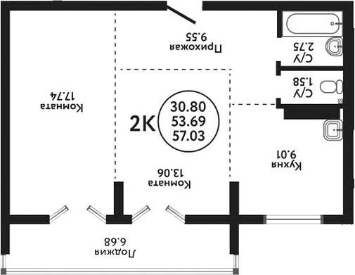 Планировка — Экополис, 2-комн., 54 м²