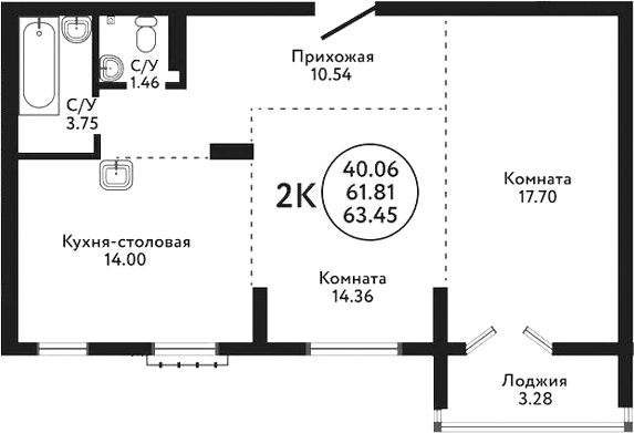 Планировка — Экополис, 2-комн., 62 м²