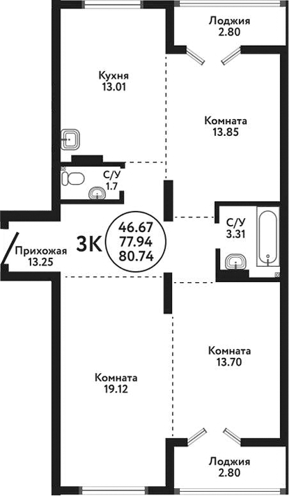 Планировка — Экополис, 3-комн., 78 м²