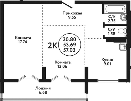 Планировка — Экополис, 2-комн., 54 м²