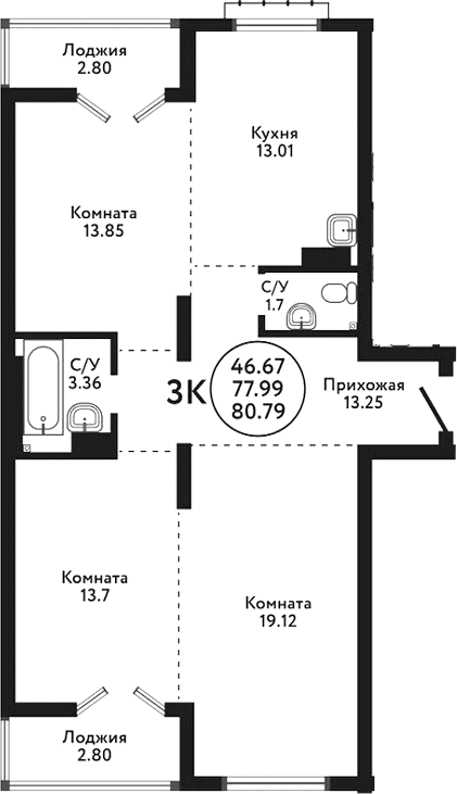 Планировка — Экополис, 3-комн., 78 м²