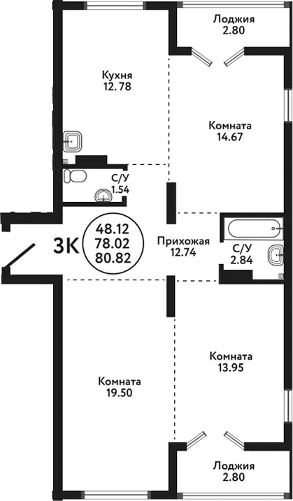 Планировка — Экополис, 3-комн., 78 м²
