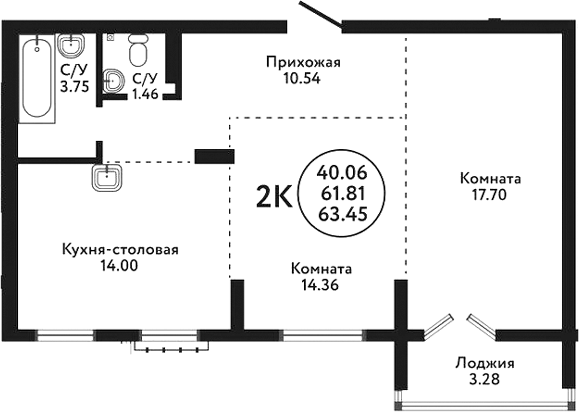 Планировка — Экополис, 2-комн., 62 м²