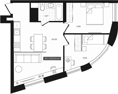 Планировка — Freedom, 3-комн., 53 м²