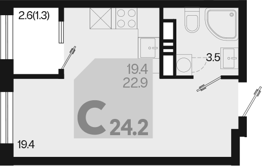 Планировка — Первое место, Студия, 23 м²