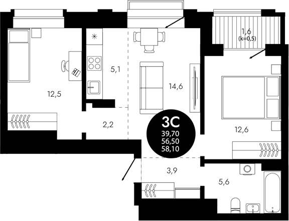 Планировка — Флагман Холл, 3-комн., 57 м²