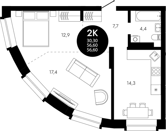 Планировка — Флагман Холл, 2-комн., 57 м²