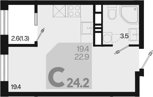 Планировка — Первое место, Студия, 23 м²