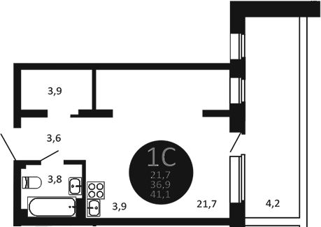 Планировка — Первый на Есенина, Студия, 37 м²