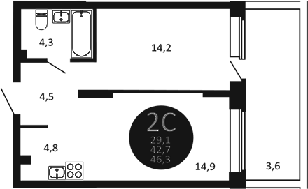Планировка — Первый на Есенина, 2-комн., 43 м²