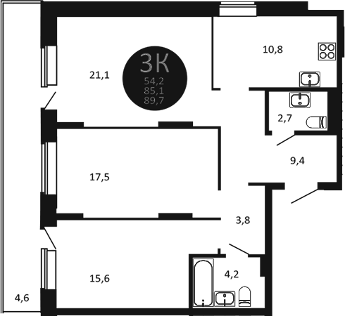Планировка — Первый на Есенина, 3-комн., 85 м²