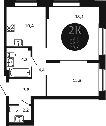 Планировка — Первый на Есенина, 2-комн., 56 м²